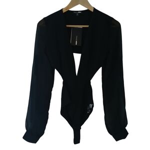 Fashion Nova Bodysuit Deep Plunge Making Decisions Black with Cut Outs